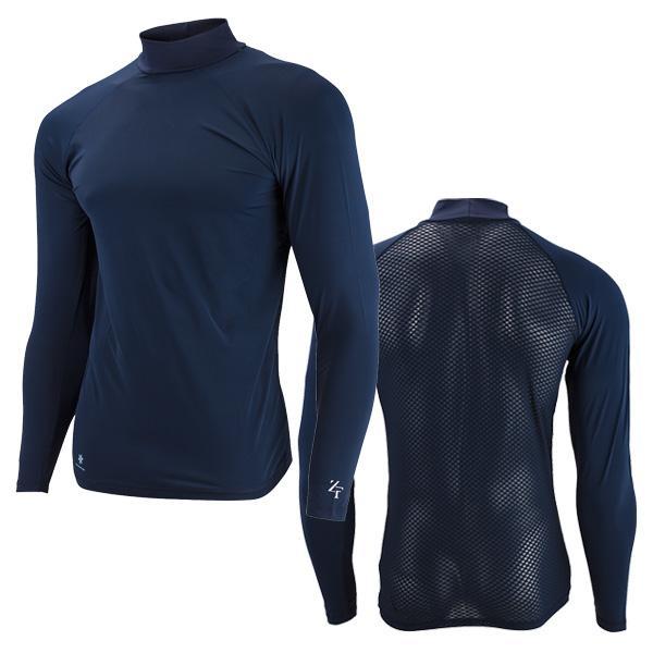 A navy blue long-sleeve athletic compression shirt shown from both the front and back. The front view shows a solid navy body with a mock neck collar and a small white logo on the left sleeve.